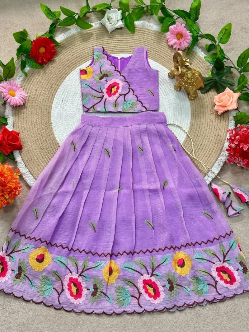 Ajd 8202 Crunchy Silk Floral Embroidery Work Kids Lehenga Choli